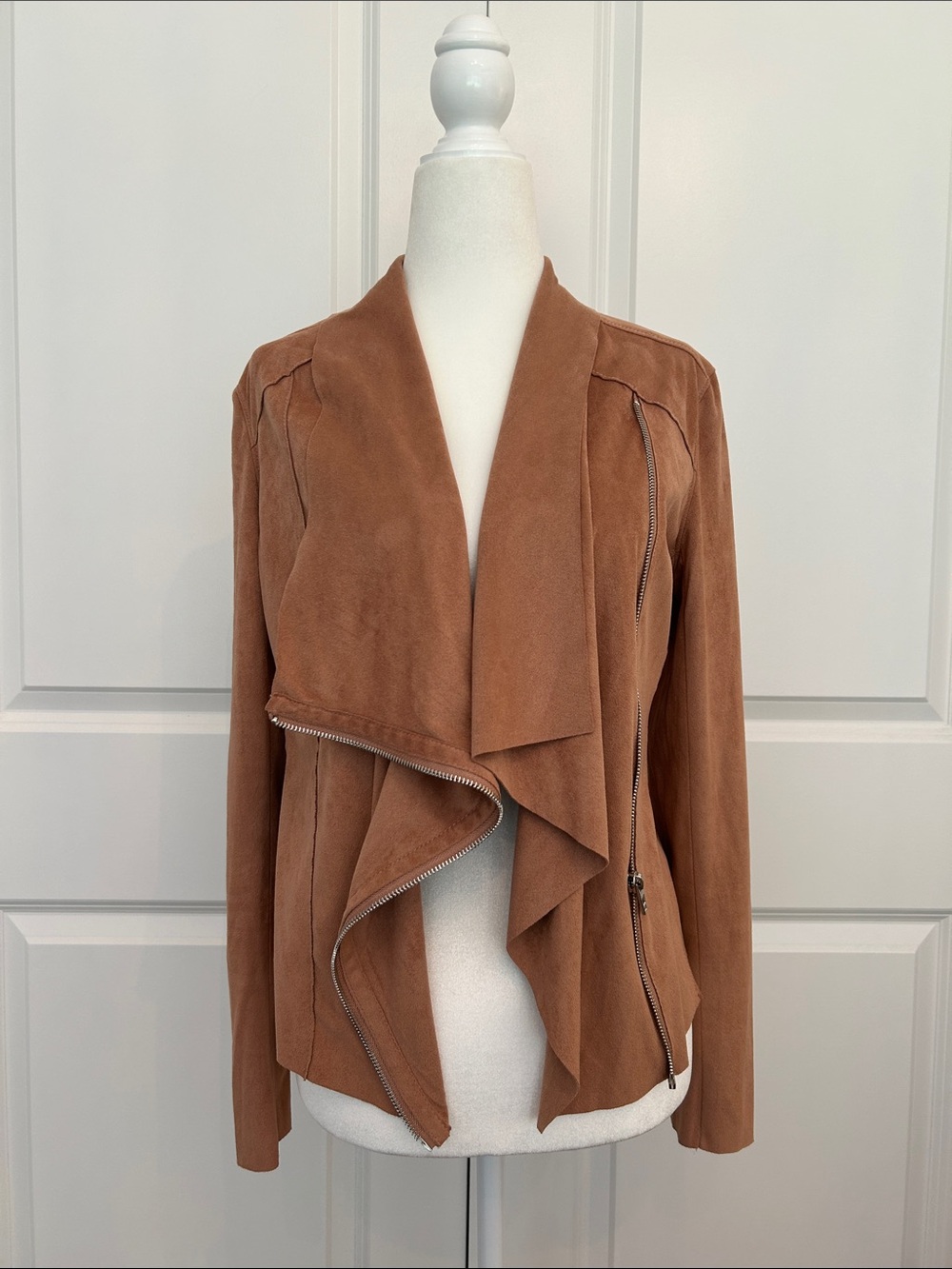 Blank NYC Camel Suede Drape-Front Leather Jacket